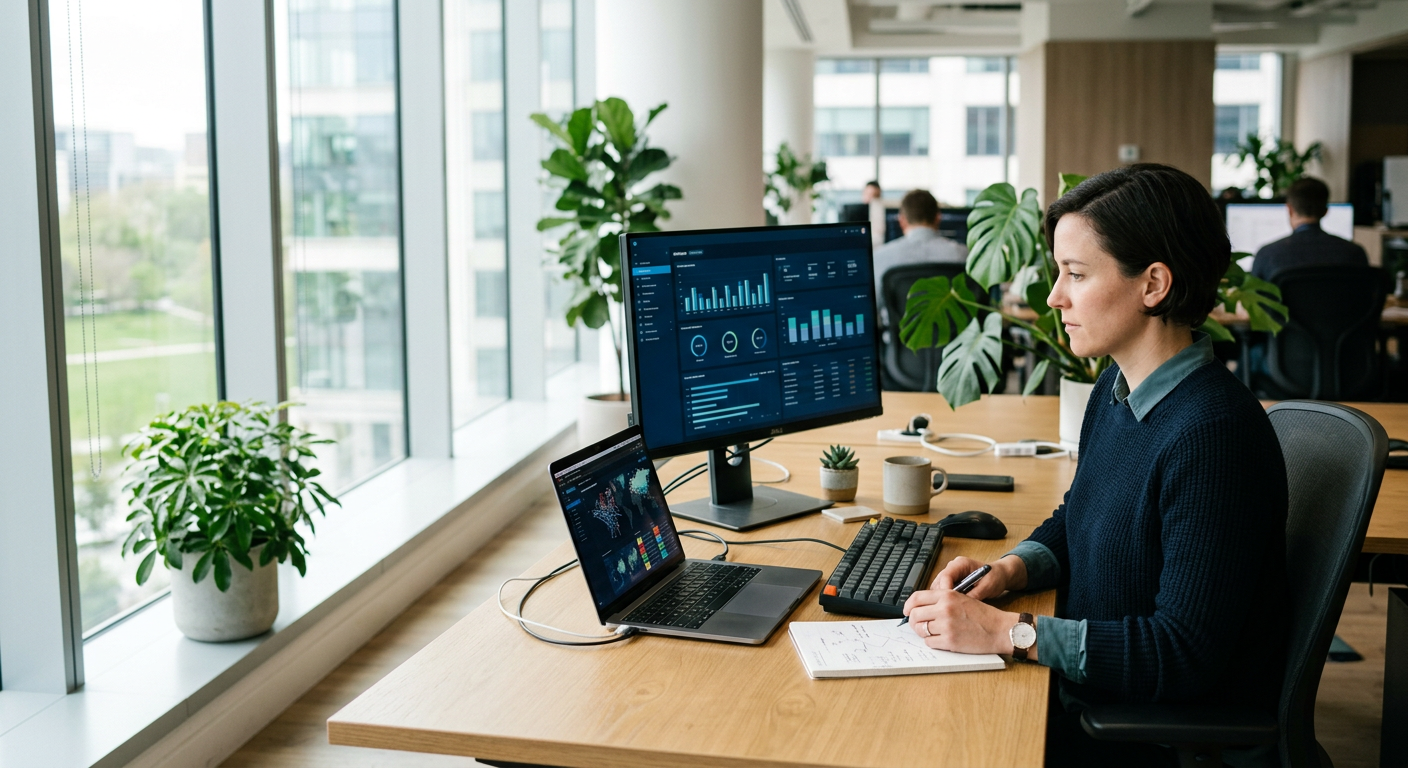 A security engineer reviewing a cloud security dashboard in a bright office