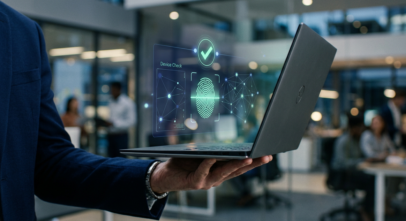 An identity verification overlay above a laptop confirming a trusted device