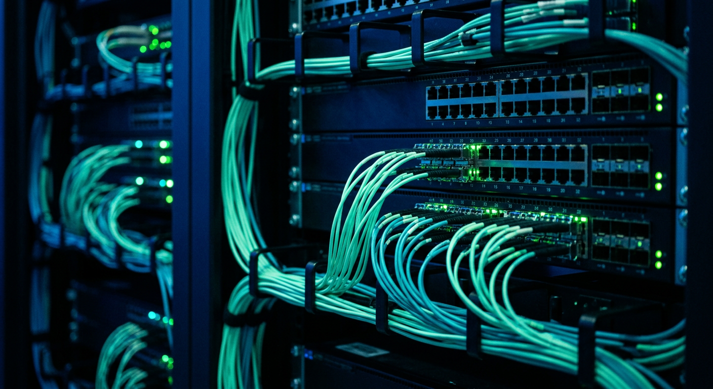 An enterprise network switch rack with illuminated fibre connections