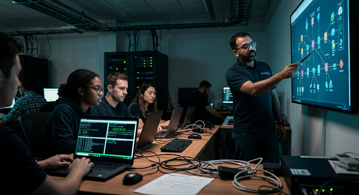 Engineers working through a hands-on networking lab at the OrbitLabs training environment