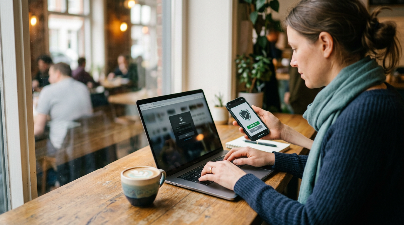 A professional approving a sign-in request on their phone while working on a laptop